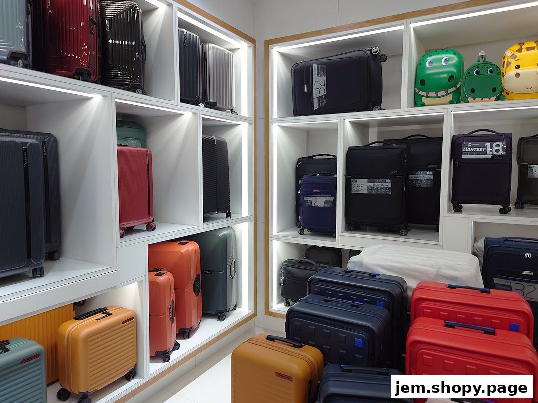 A well-lit retail display showcasing a wide variety of Samsonite luggage in different colors and sizes.