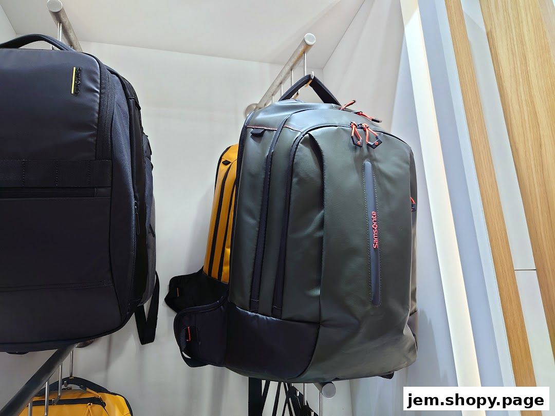 A display of Samsonite backpacks in various colors and styles, showcasing their travel and everyday carry options.
