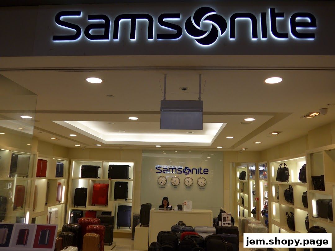 Samsonite store interior showcasing a wide selection of luggage and bags.