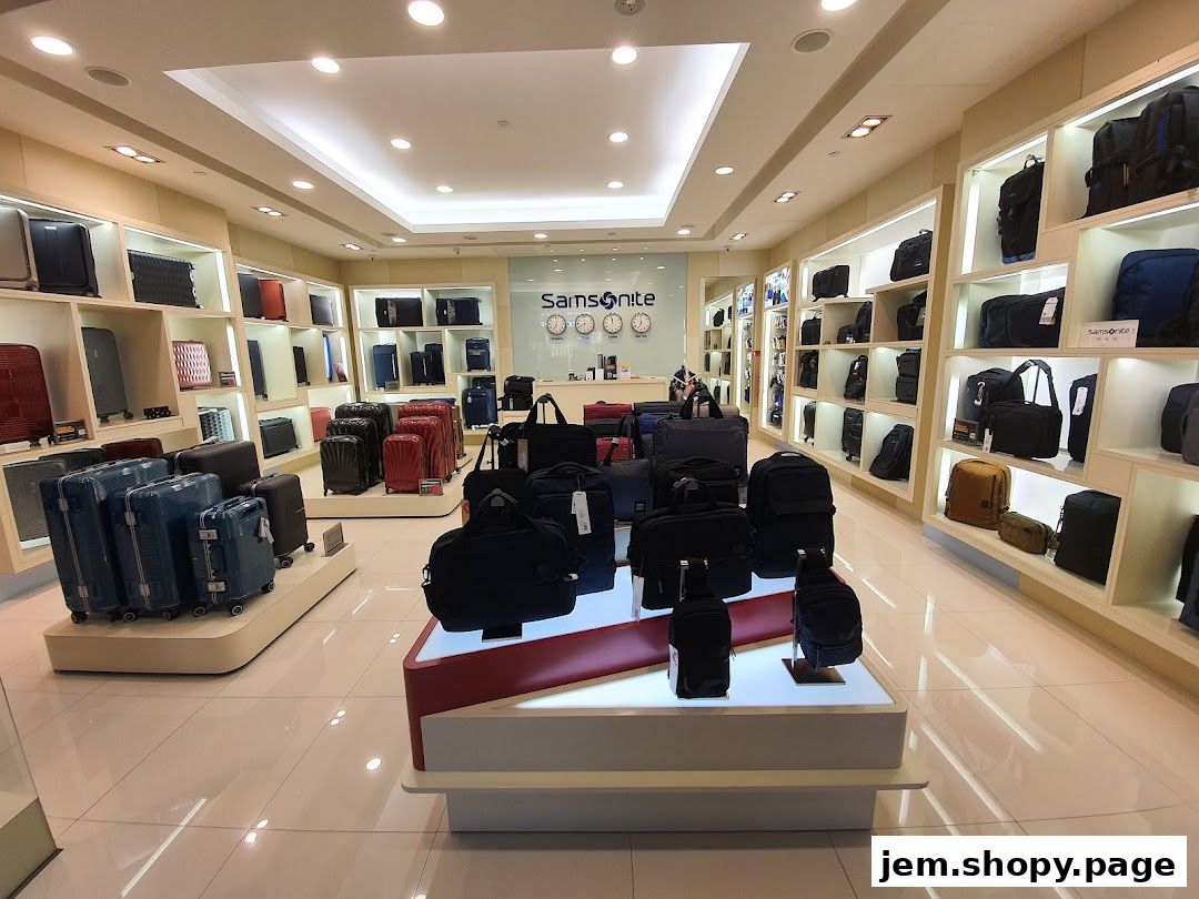 Interior view of a Samsonite store showcasing a wide variety of luggage and bags.