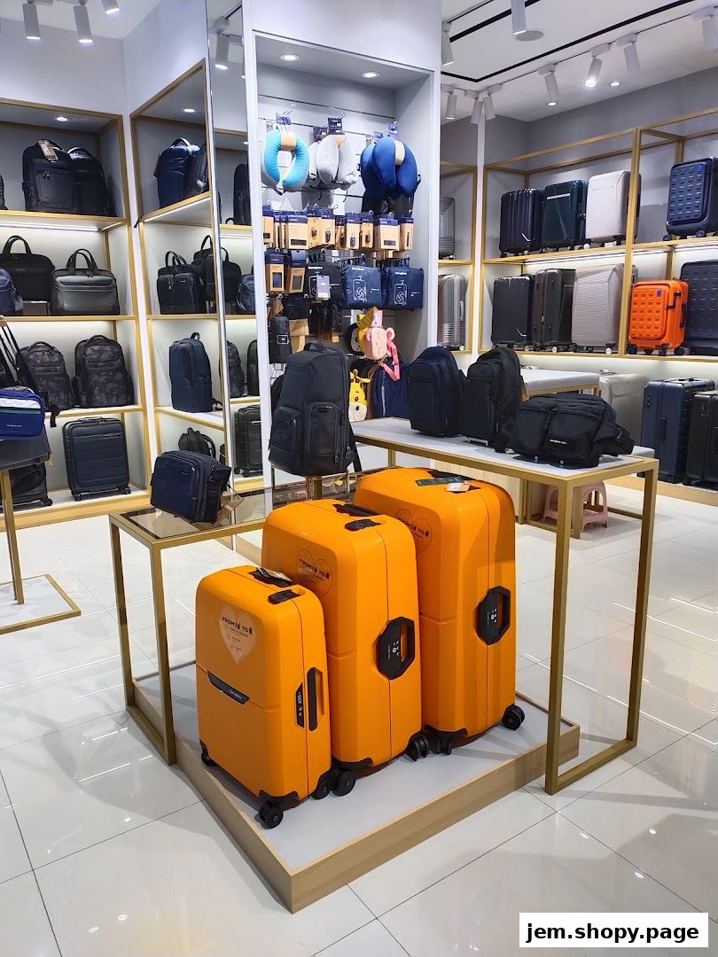Interior of a Samsonite store showcasing various luggage, backpacks, and travel accessories.