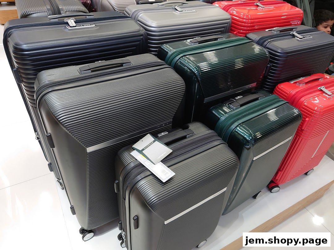 A display of various Samsonite suitcases in different colors and sizes.
