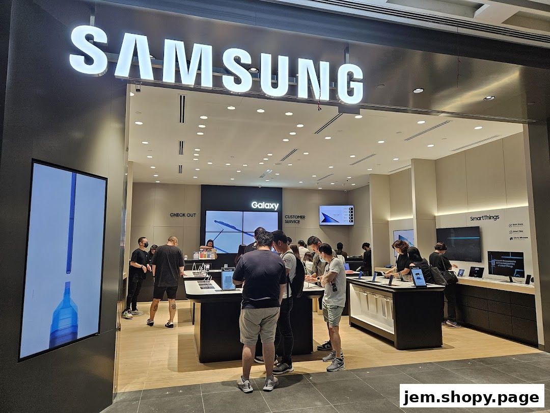 Interior of a Samsung Experience Store with customers browsing products.