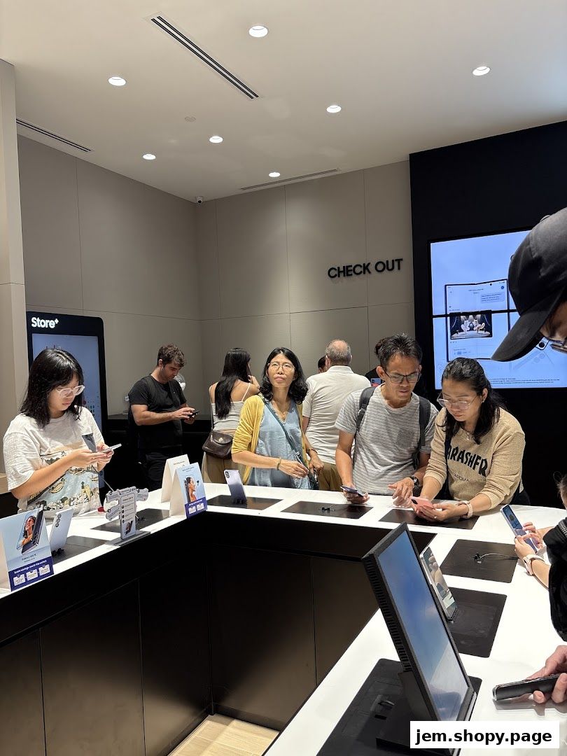Customers interact with Samsung products at a checkout counter in a modern electronics store.