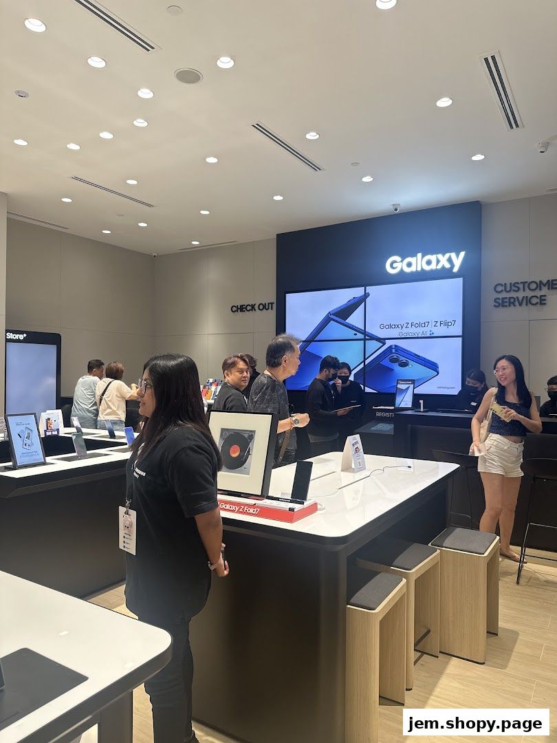 Customers browse the latest Samsung Galaxy phones at a modern retail store.