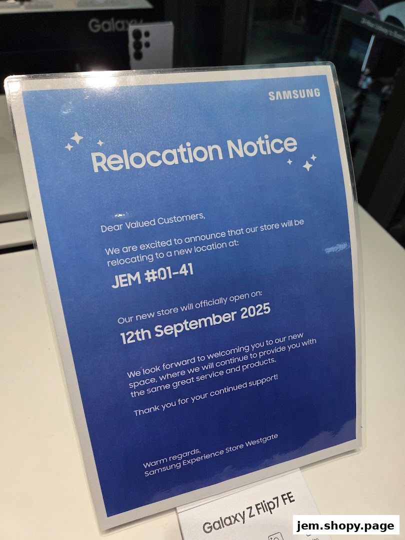 A Samsung relocation notice announcing a new store opening date and location.