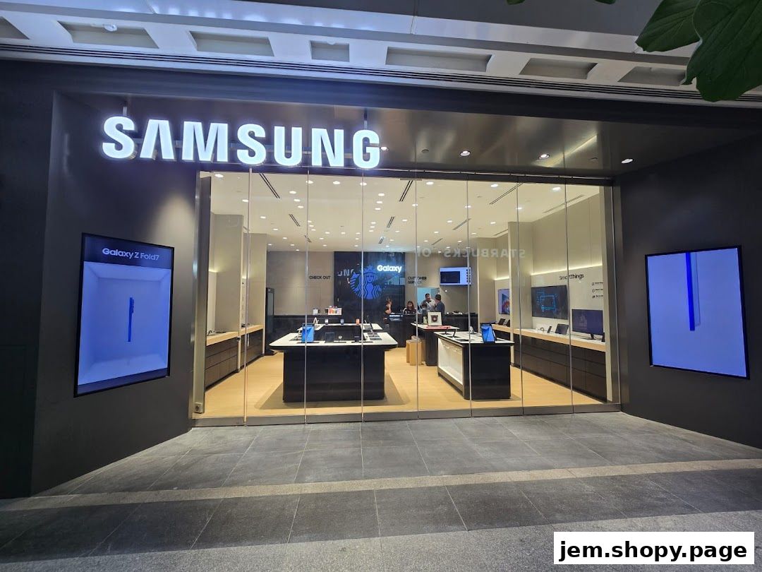 Exterior of the Samsung Service Centre Jem shop with prominent signage and display screens.