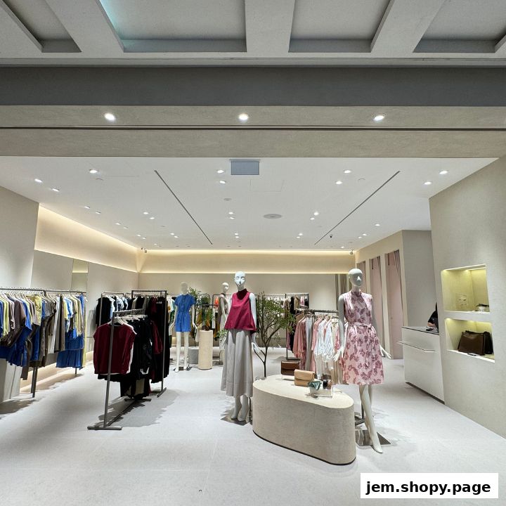 Interior view of a modern clothing store with mannequins and racks of apparel.