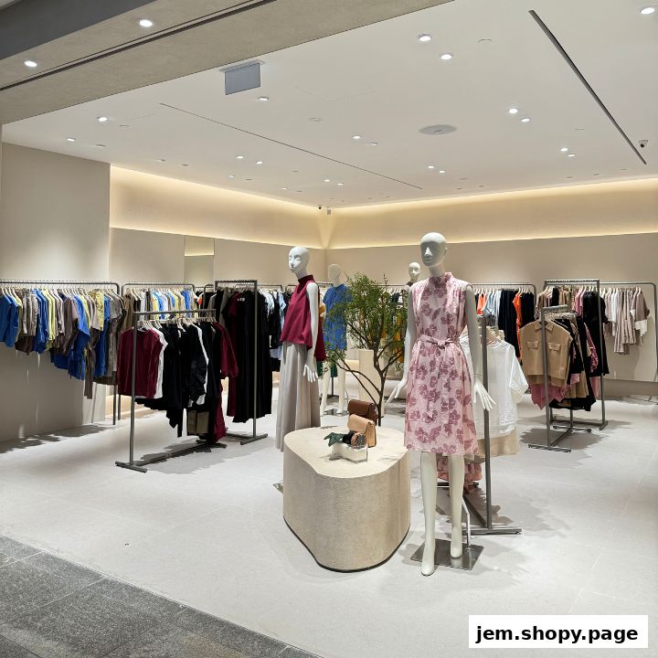 Interior view of a clothing store with mannequins and racks of apparel.