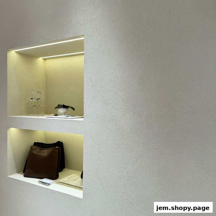Display shelves showcasing handbags, jewelry, and decorative items in a modern retail space.