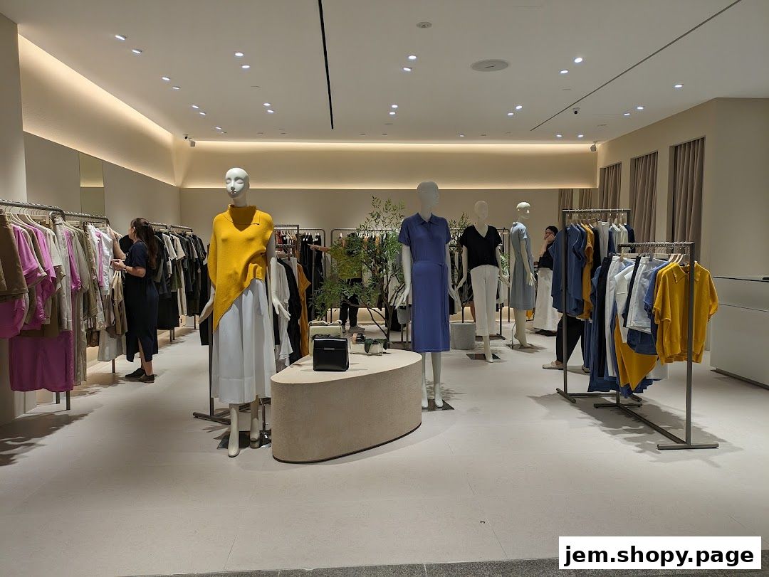 Interior of a clothing store with mannequins displaying outfits and racks of apparel.