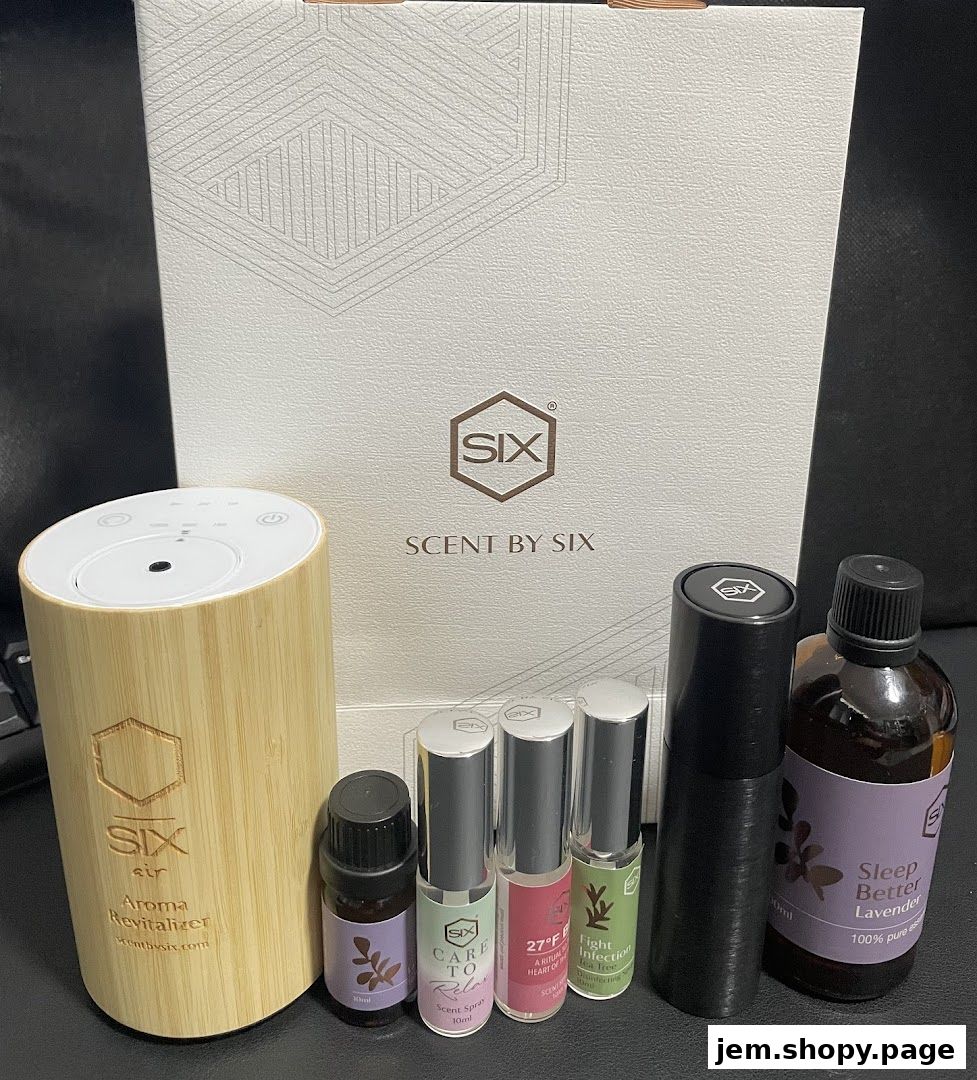 A collection of Scent by SIX aroma revitalizer, essential oils, and scent sprays.