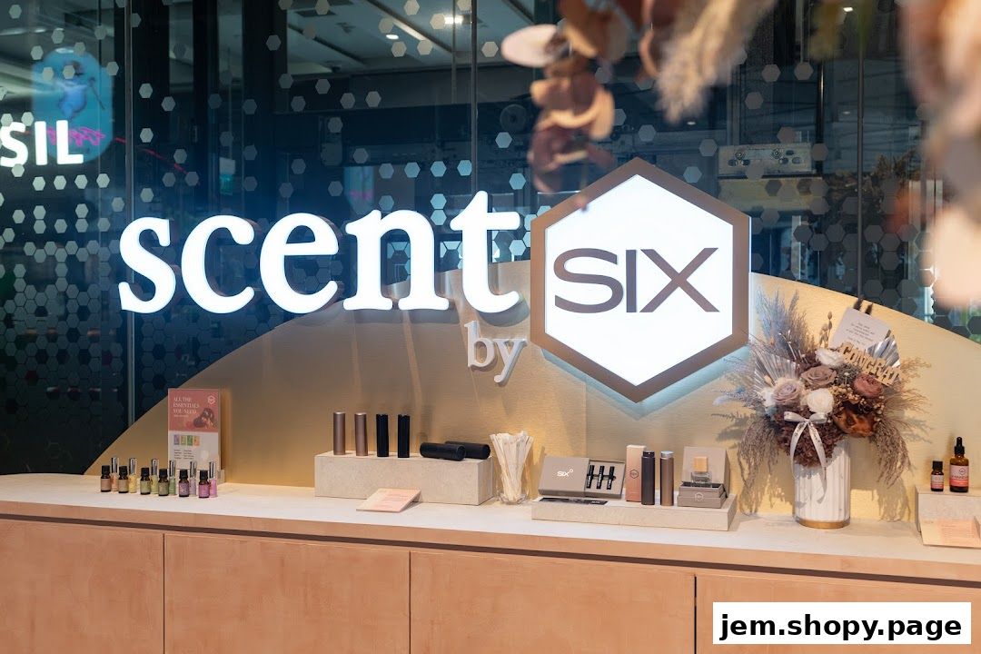 Scent by SIX Jem shop display featuring various perfume bottles, diffusers, and a floral arrangement.