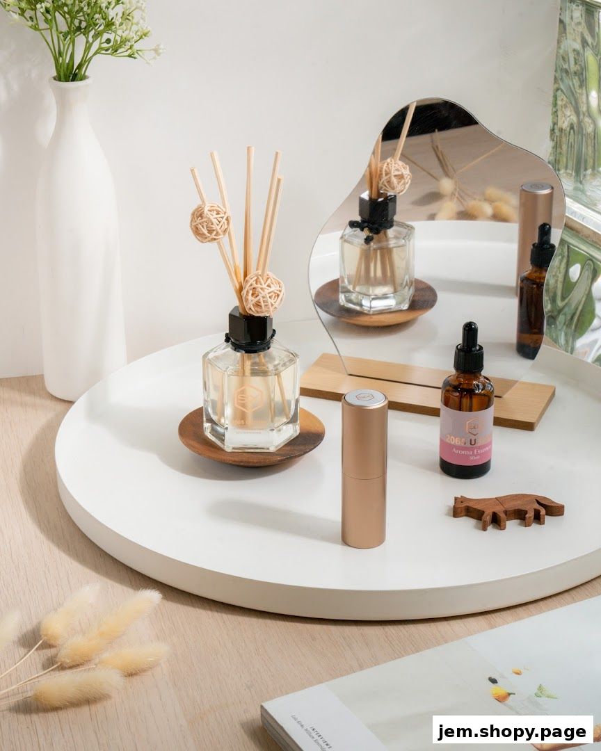 Aromatherapy diffuser and essential oil bottles displayed on a white tray.
