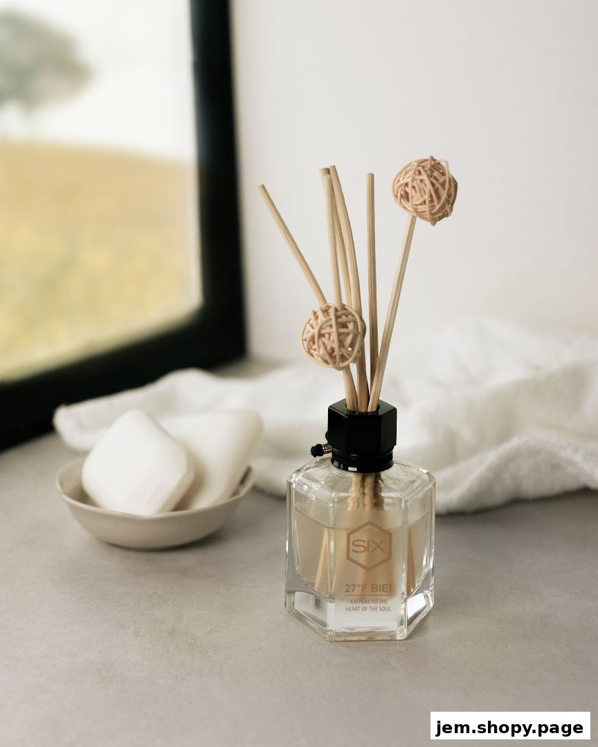 A hexagonal diffuser bottle with reeds and decorative balls sits on a surface.