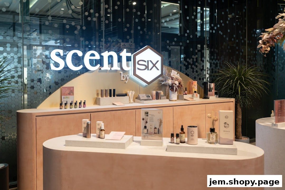 A display of various scented products and diffusers at Scent by SIX Jem.