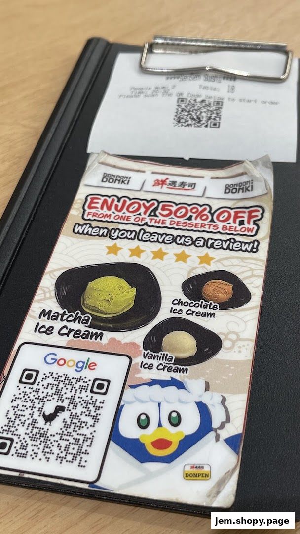 A promotional flyer for Sen Sen Sushi Jem by DON DON DONKI offering 50% off desserts with a review.