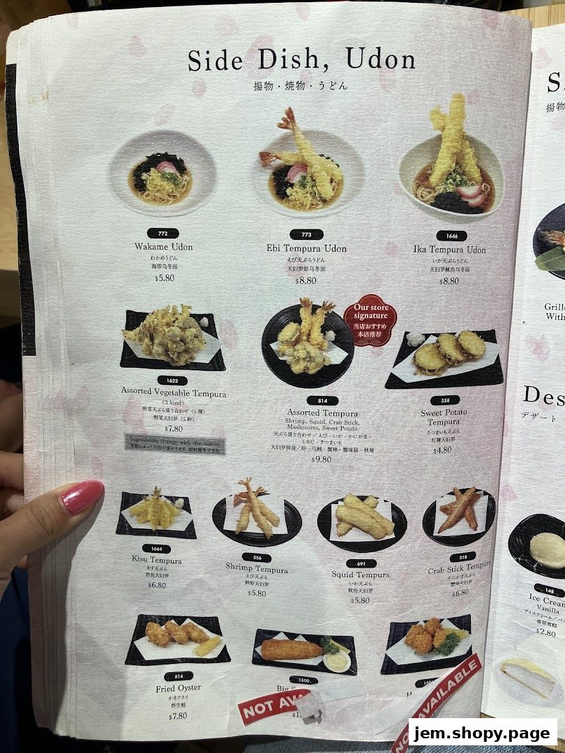 A menu page from Sen Sen Sushi Jem by DON DON DONKI Singapore featuring udon and tempura dishes.