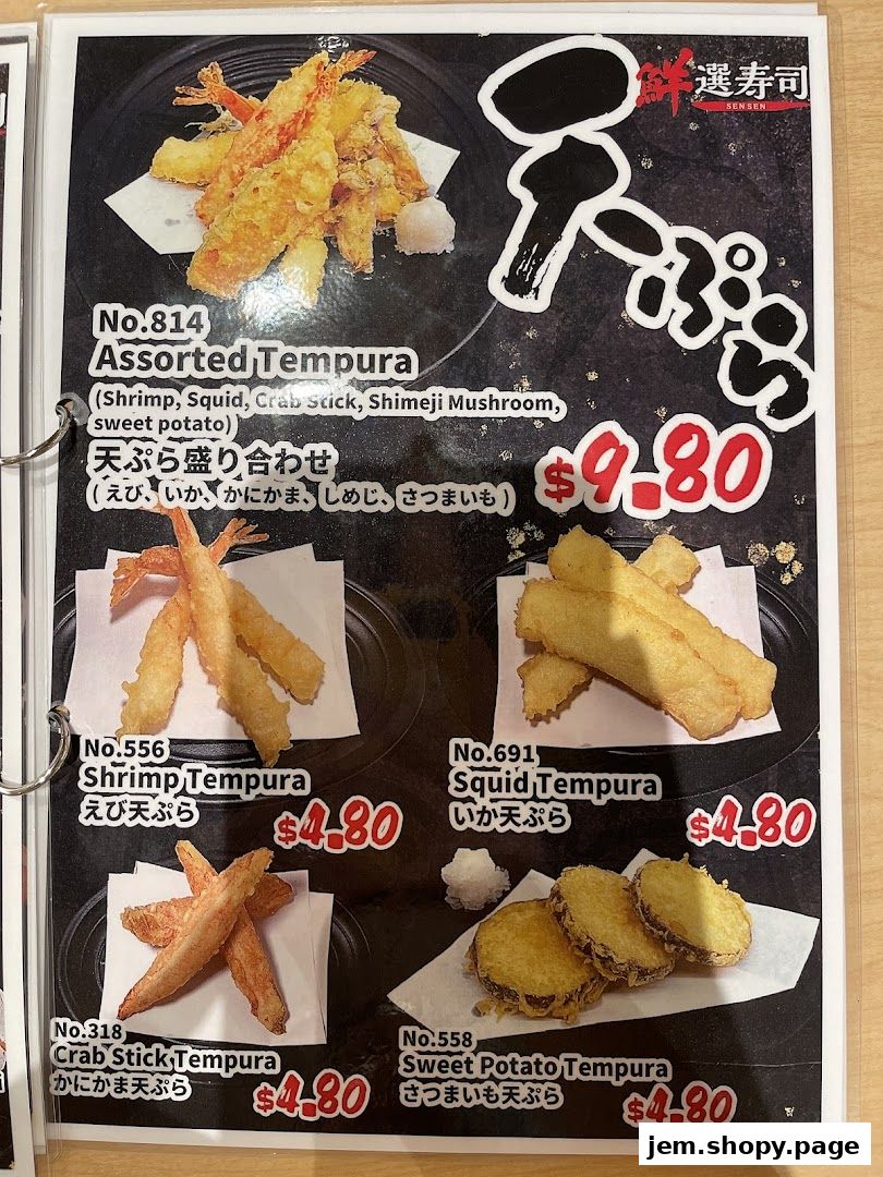 A menu page showcasing various tempura dishes with prices and descriptions.