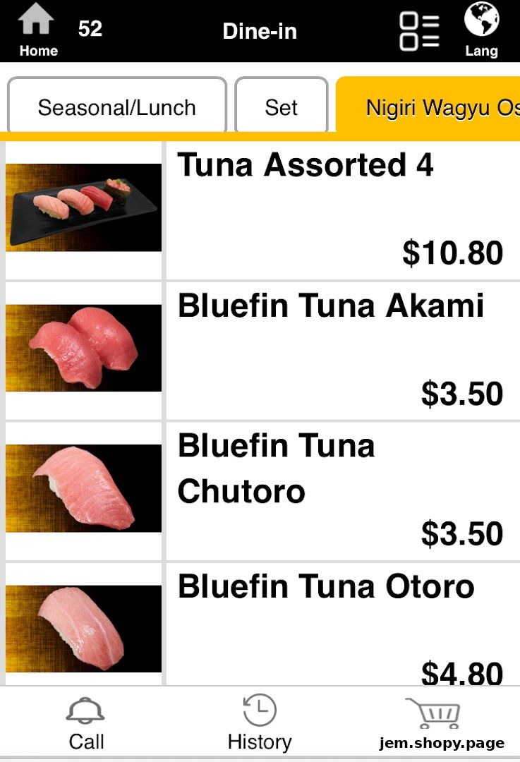 A mobile app screen displaying various tuna sushi options and prices.