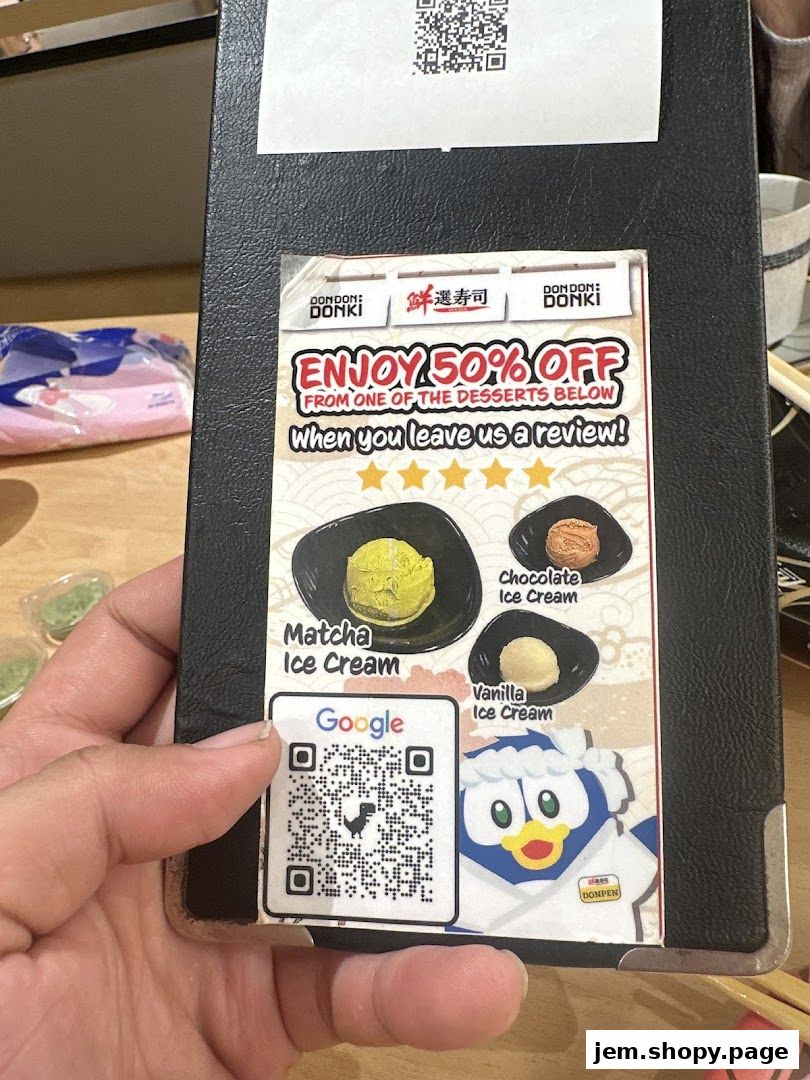 A flyer offering 50% off desserts for leaving a review, featuring ice cream flavors.