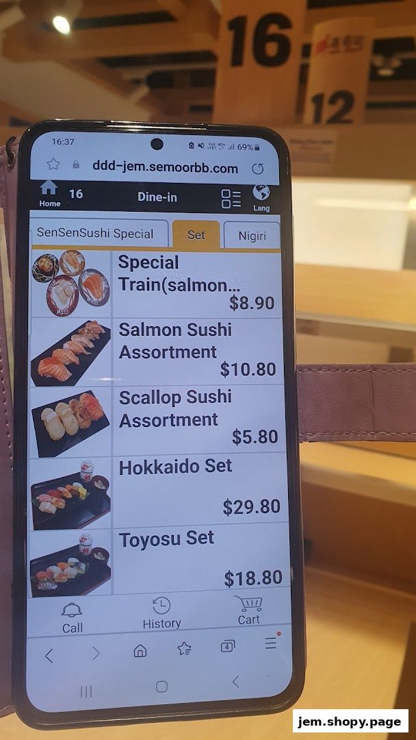 A smartphone displaying a digital menu for Sen Sen Sushi Jem by DON DON DONKI Singapore.