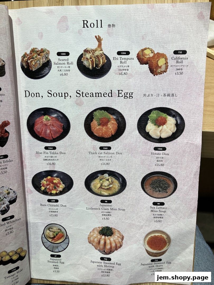 A menu featuring various sushi rolls, donburi, soups, and steamed egg dishes with prices.