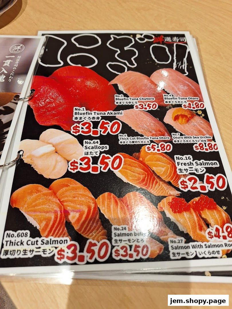A menu showcasing various sushi items with their names and prices.