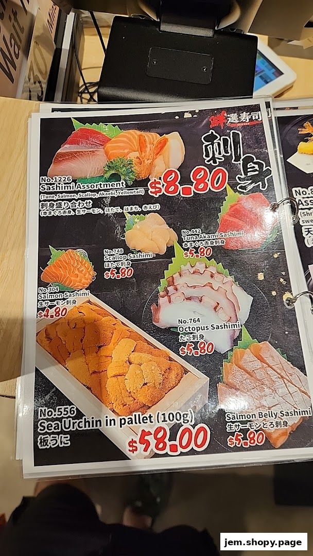A menu showcasing various sashimi assortments and individual sashimi dishes with prices.