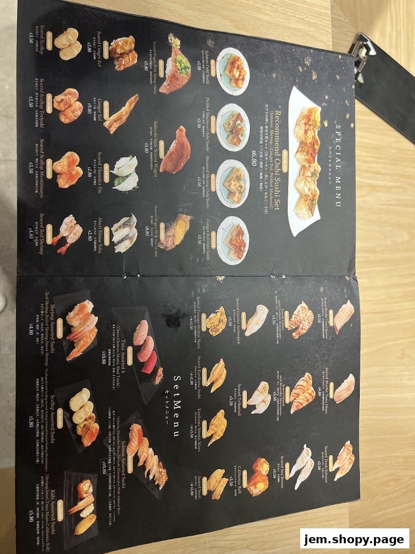 A menu from Sen Sen Sushi Jem by DON DON DONKI Singapore featuring various sushi sets and individual sushi items.