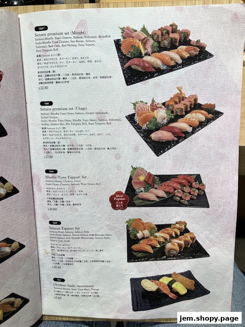 A menu page showcasing various sushi sets and assortments with detailed descriptions and prices.