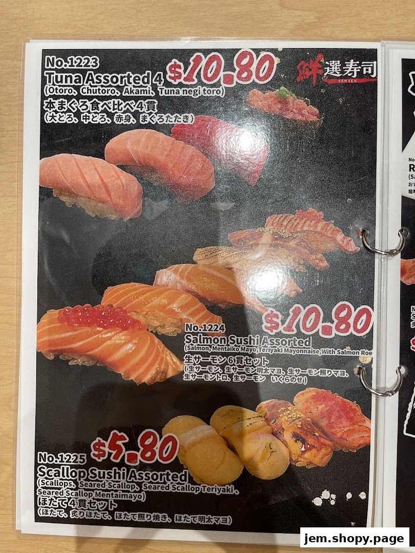 A menu page showcasing assorted tuna, salmon, and scallop sushi sets with prices.