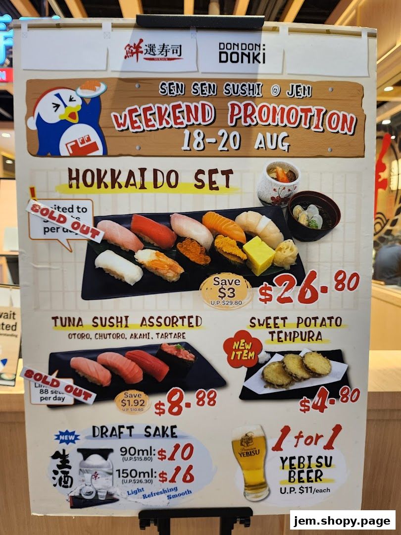 A promotional poster for Sen Sen Sushi's weekend promotion featuring sushi sets, tempura, and sake.