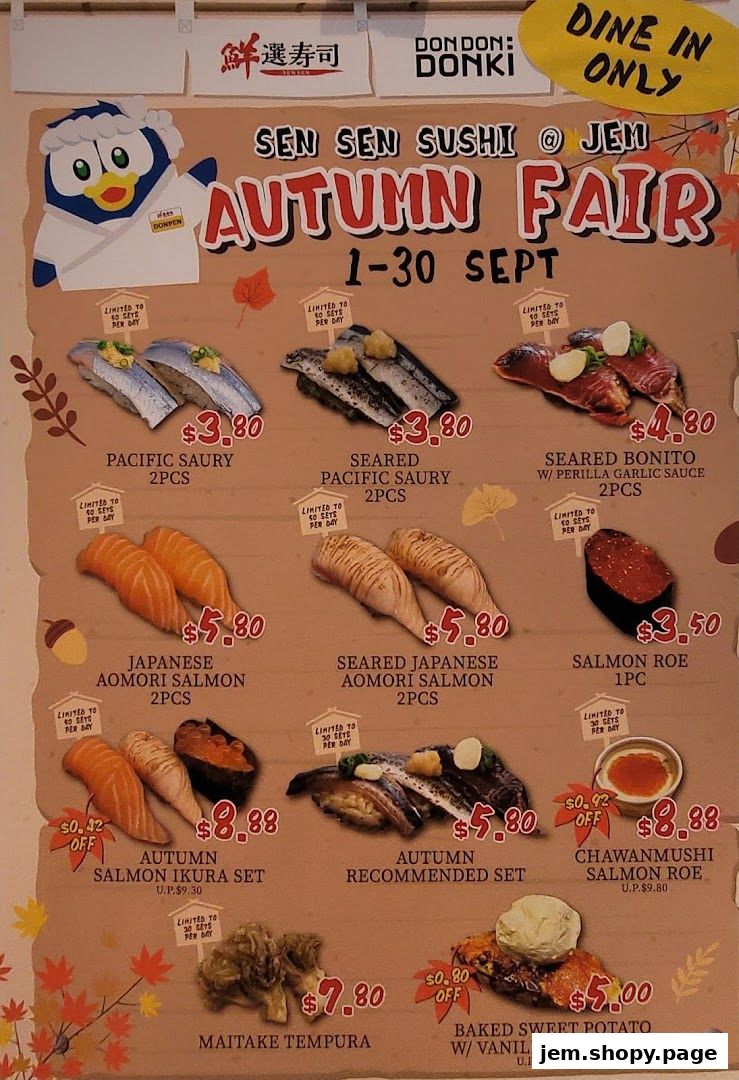 A menu for Sen Sen Sushi's Autumn Fair featuring various sushi and other Japanese dishes.