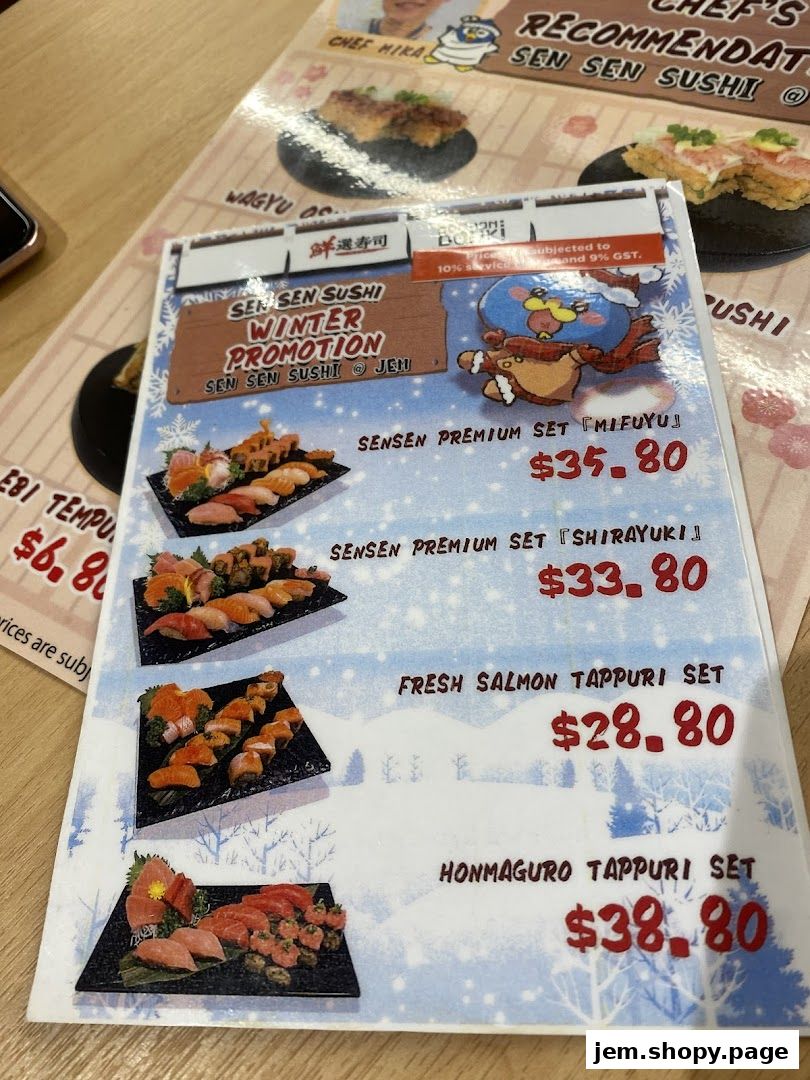 A menu from Sen Sen Sushi featuring winter promotion sets and premium sushi options.