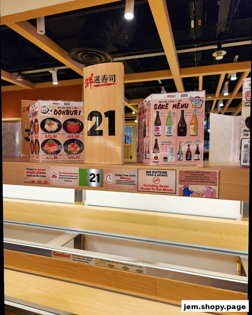 A display shelf at Sen Sen Sushi Jem by DON DON DONKI Singapore, showing menus and table numbers.