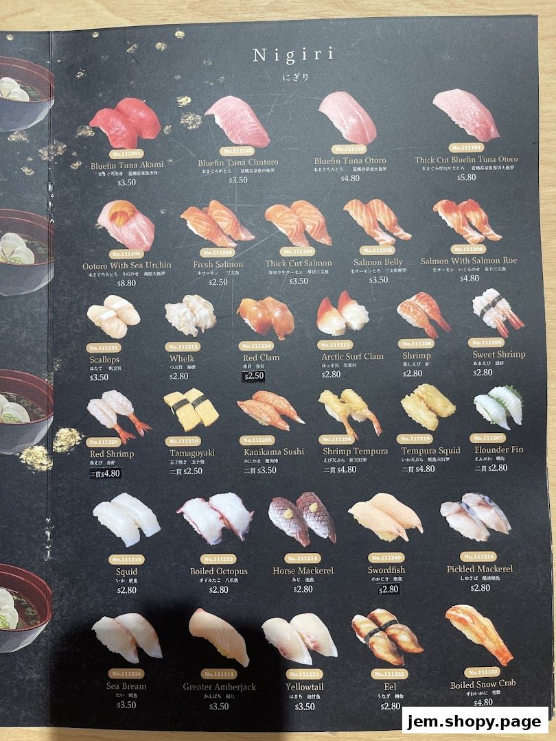 A menu showcasing various types of Nigiri sushi with images and prices.