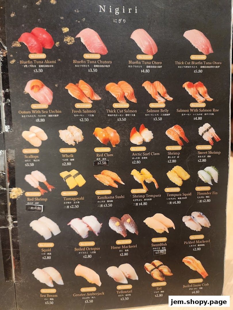 A menu showcasing various types of nigiri sushi with images and prices.