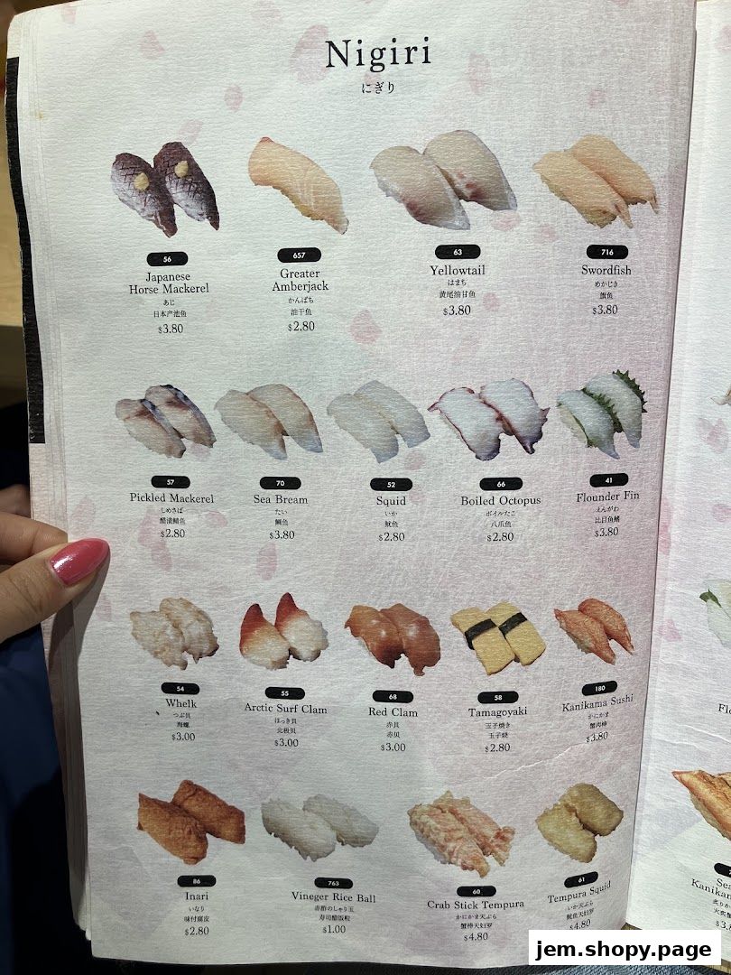 A menu page displaying various types of Nigiri sushi with images and prices.