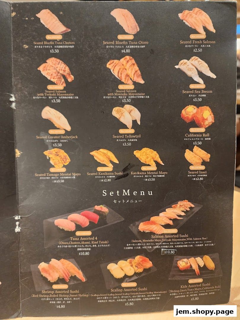 A menu showcasing various types of sushi, including nigiri, rolls, and assorted sets.