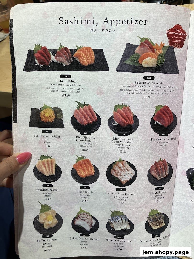 A menu page showcasing various sashimi and appetizer options with prices and descriptions.