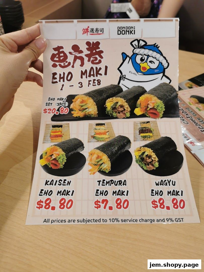 A promotional flyer for Eho Maki sushi sets from Sen Sen Sushi Jem by DON DON DONKI.