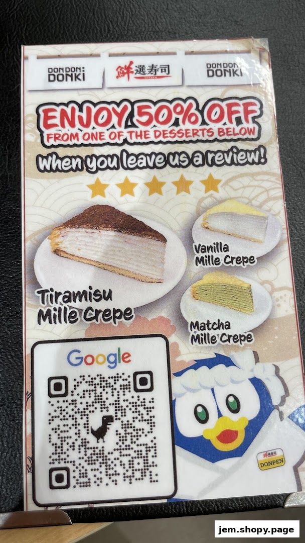 A flyer advertising 50% off desserts from Sen Sen Sushi Jem by DON DON DONKI.