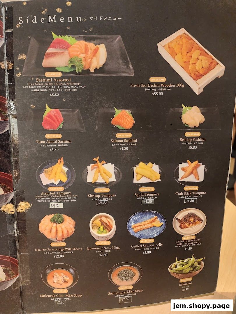 A menu displaying various Japanese dishes including sashimi, tempura, and soups.