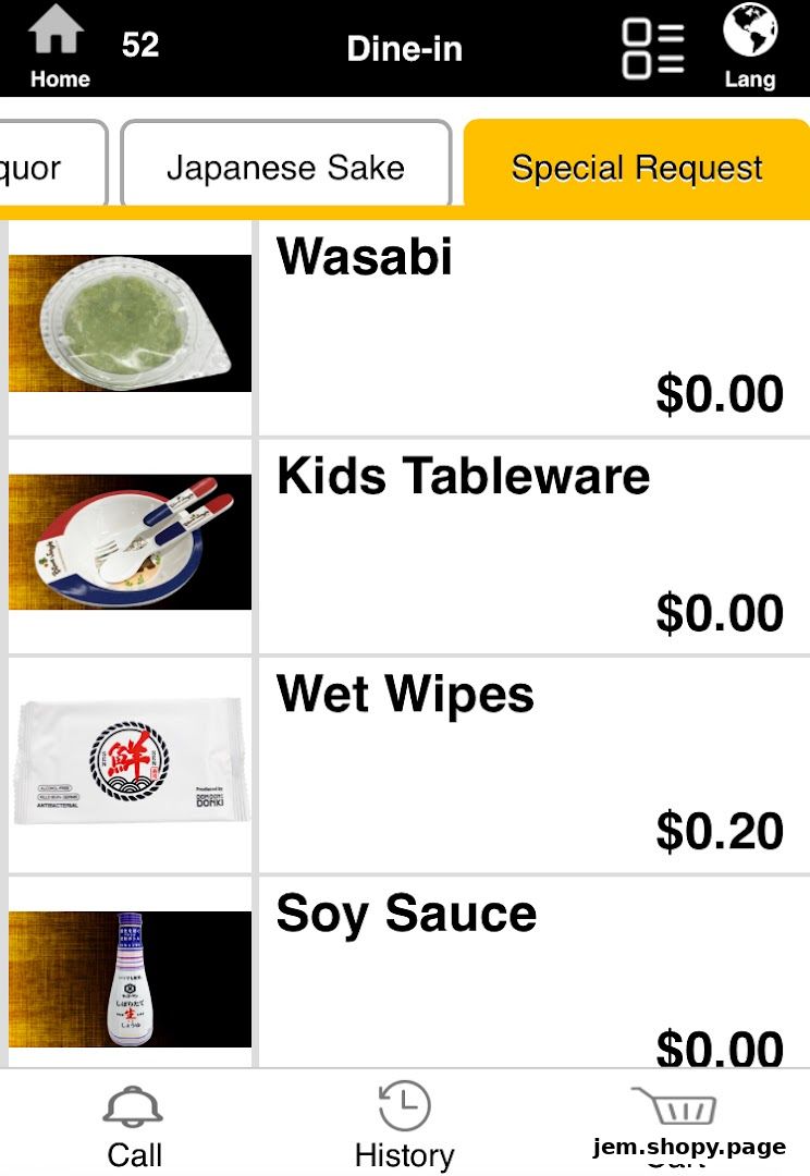 A digital menu displaying various items like Wasabi, Kids Tableware, Wet Wipes, and Soy Sauce with prices.