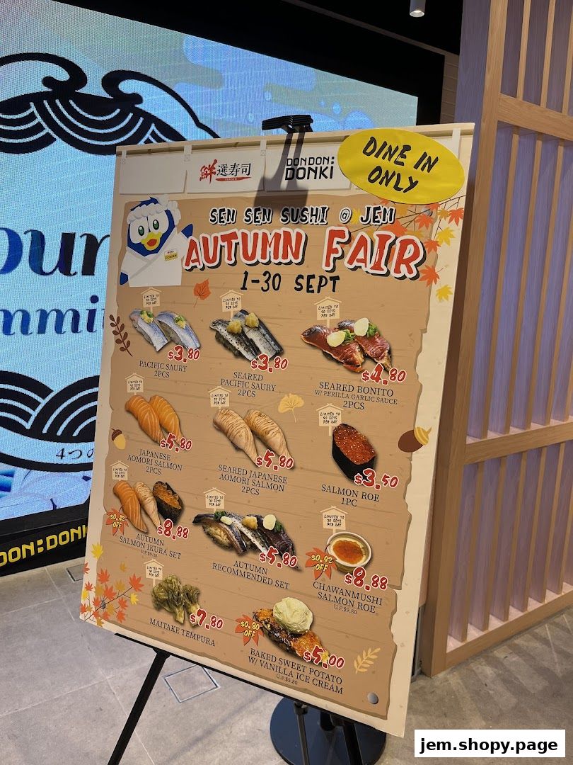 A sign advertising Sen Sen Sushi's Autumn Fair with various sushi and dessert items.