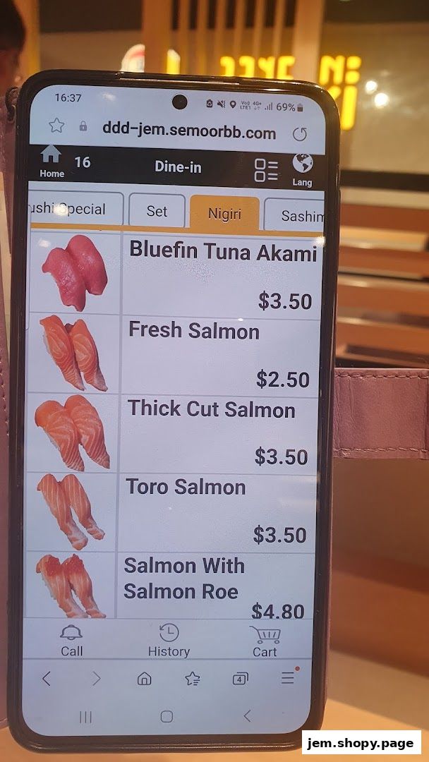 A smartphone displaying a menu of various sushi items with prices.