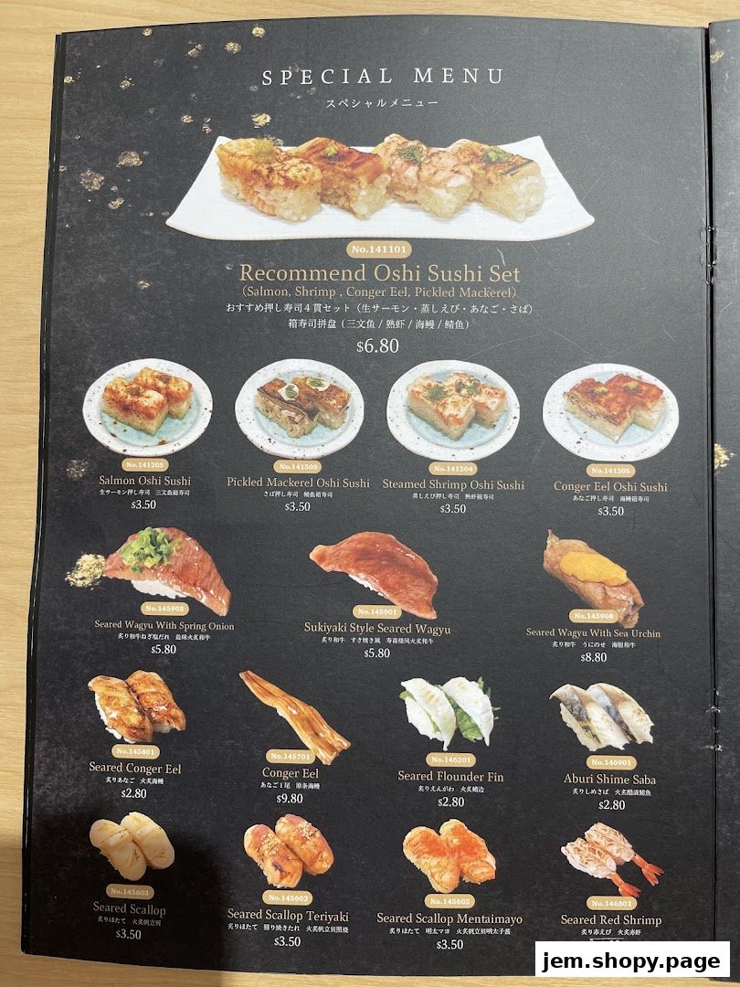 A menu showcasing various types of sushi and seared wagyu dishes with prices.