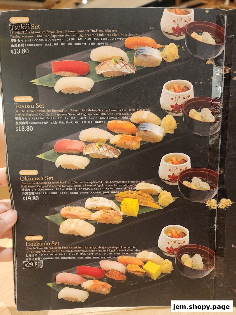 A menu showcasing various sushi sets with detailed descriptions and prices.
