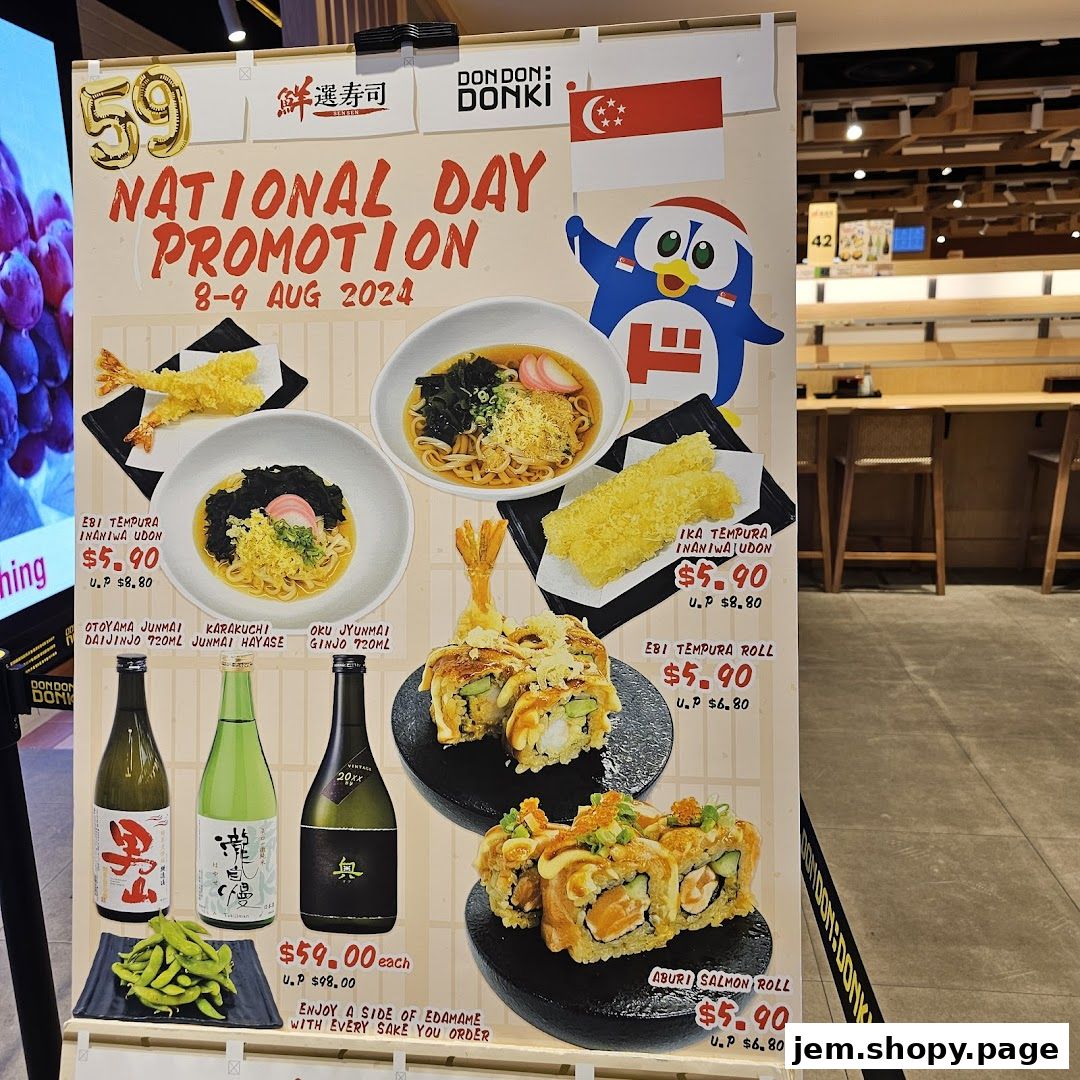 A promotional poster for Sen Sen Sushi Jem by DON DON DONKI Singapore's National Day promotion.
